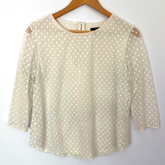 Ann Taylor Swiss Dot Ivory Mesh Blouse Lined 3/4 Sleeves Large - Picture 7 of 7